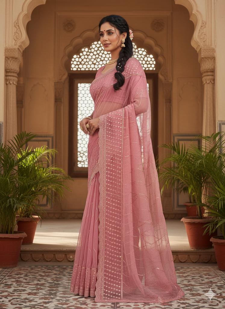 Graceful Dusty Pink Net Saree with Sequins Embroidery