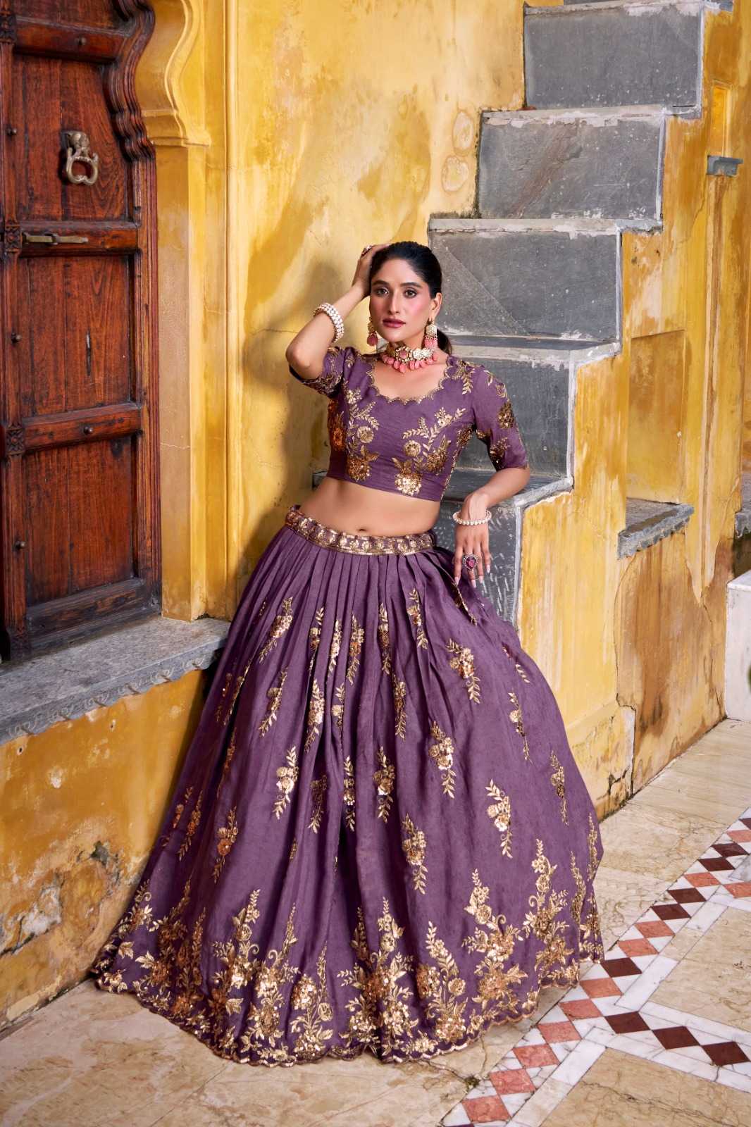 Crush Silk Mauve Golden Embroidered Lehenga – Shree Ji & Sons Royal Heritage Collection”