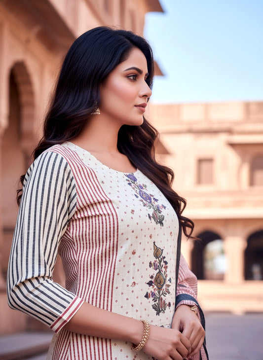 Elegant Cream & Rose Printed Cotton Suit Set with Striped Dupatta