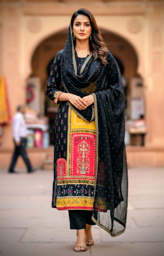 Regal Multicolor Unstitched Suit Set with White Dupatta