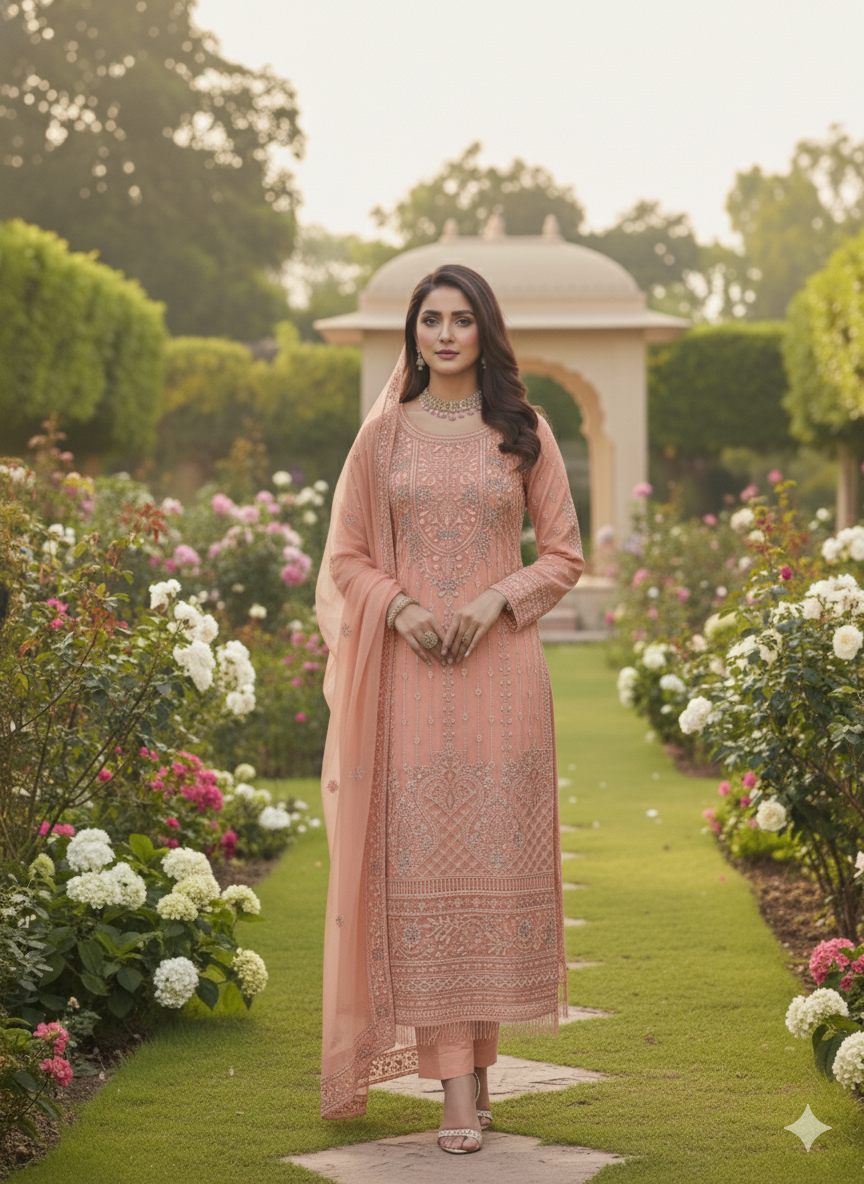 Elevate your ethnic wardrobe with this Pakistani Pettern elegant unstitched suit set in a soft pas