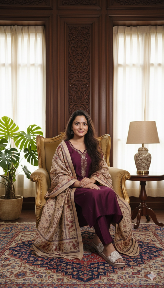 Elegant Maroon Kurta Set with Embroidered Detailing & Dupatta