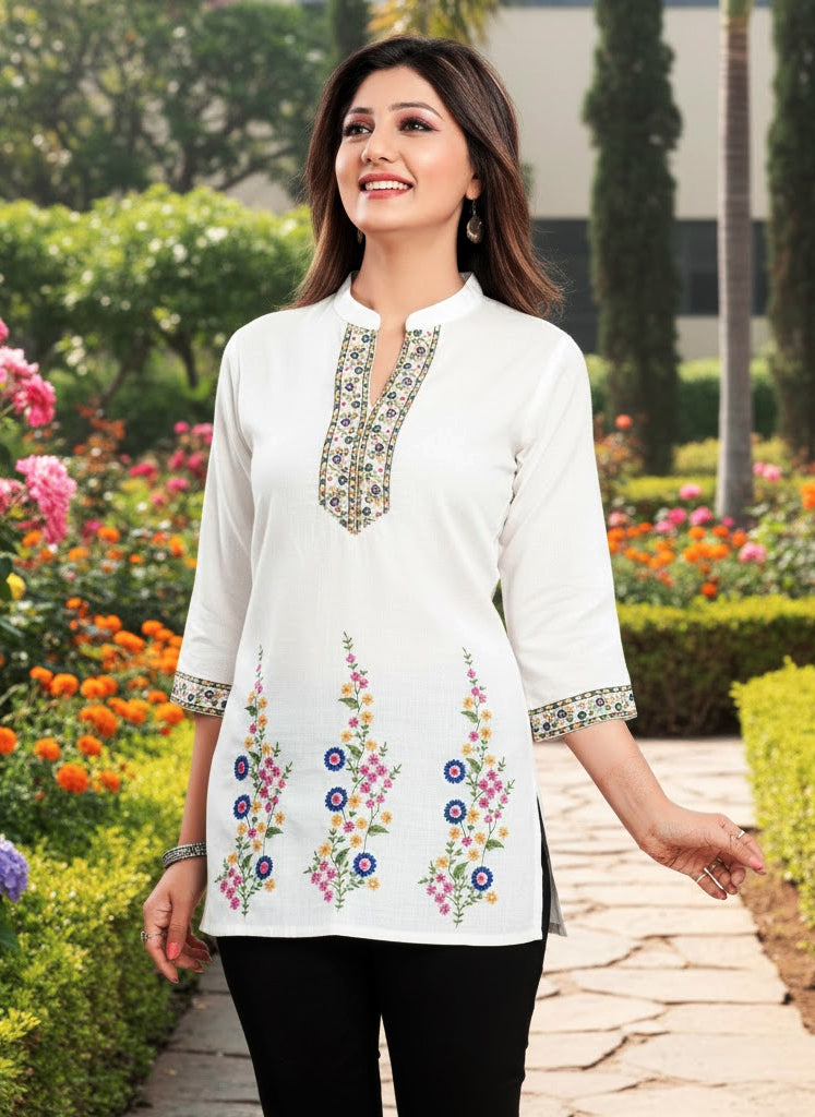 Elegant White Floral Embroidered Cotton Kurti – Graceful Everyday Ethnic Wear By Shree Ji And Sons