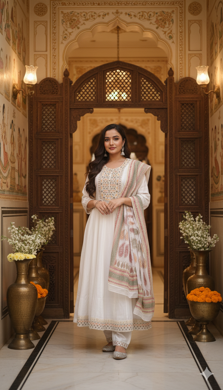 Off White Pure Cotton Anarkali Embroidered Suit Sets