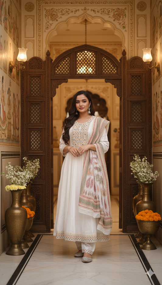 Off White Pure Cotton Anarkali Embroidered Suit Sets