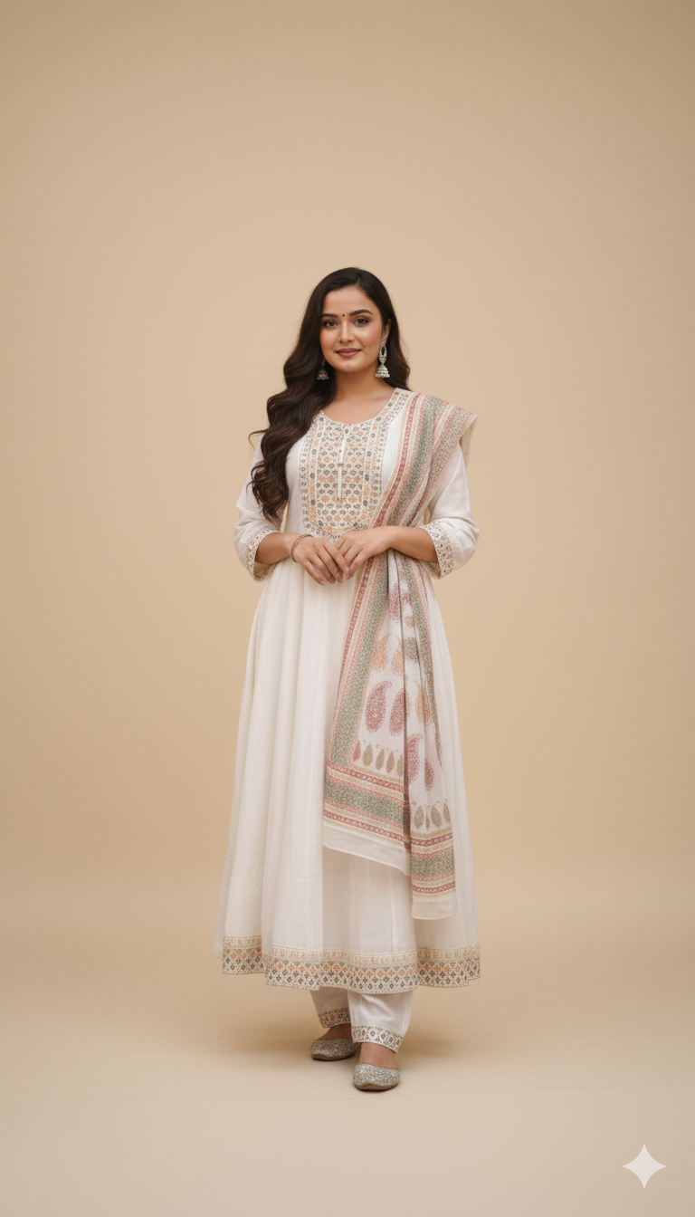 Off White Pure Cotton Anarkali Embroidered Suit Sets