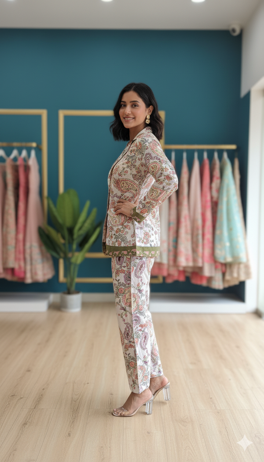 A stylish women’s co-ord set featuring a blazer-style jacket and matching pant.