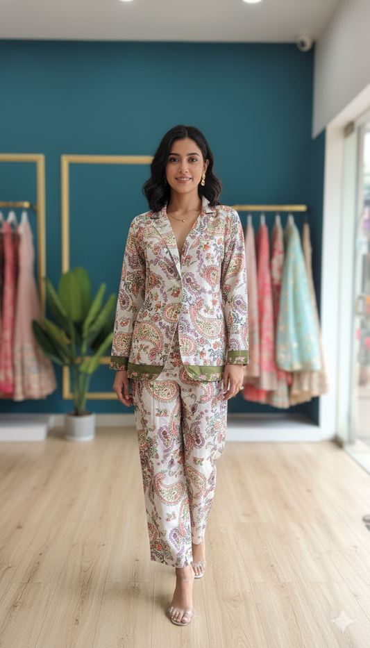 A stylish women’s co-ord set featuring a blazer-style jacket and matching pant.