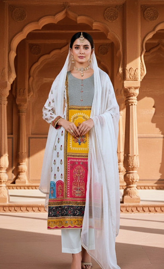 Regal Multicolor Unstitched Suit Set with White Dupatta