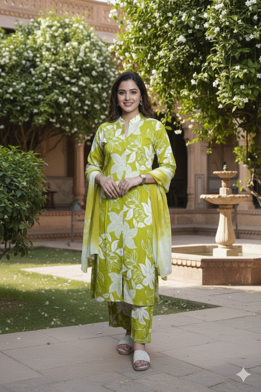 Premium Lime Green Co-ord Set Suit with Printed Dupatta