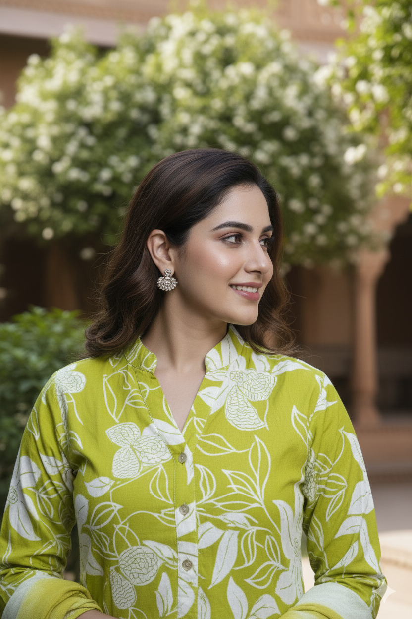 Premium Lime Green Co-ord Set Suit with Printed Dupatta
