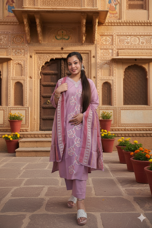 Floral Embroidered Kurta with Trousers & Dupatta - Kurta Set