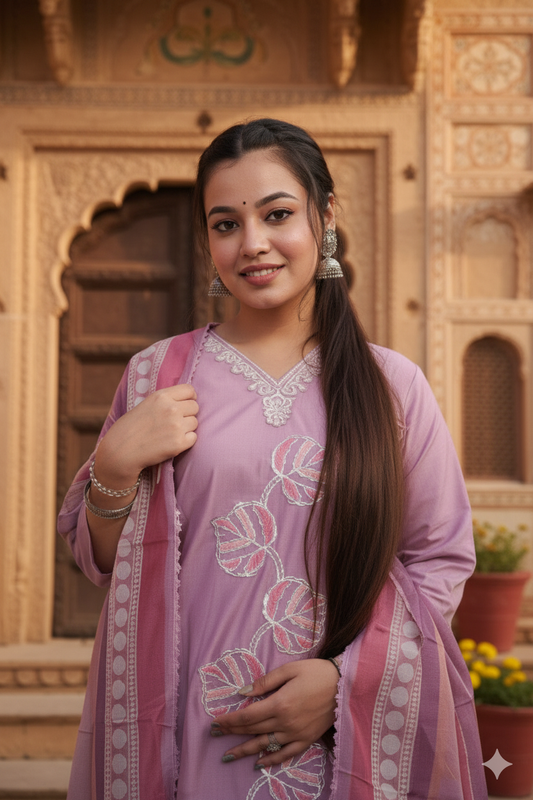 Floral Embroidered Kurta with Trousers & Dupatta - Kurta Set