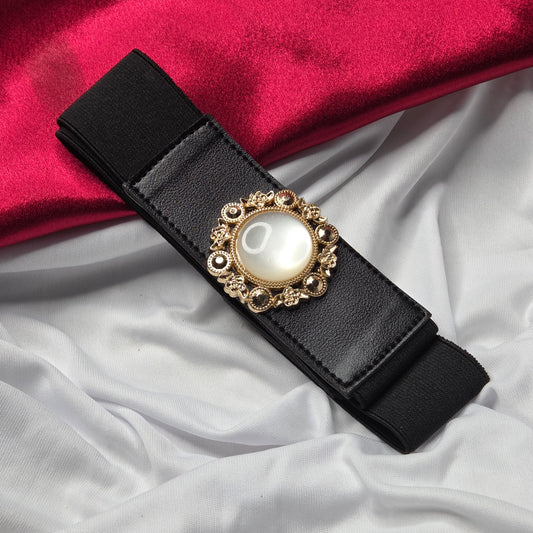 Black Elastic Waist Belt with Pearl & Gold Floral Buckle – Elegant Gift Accessory