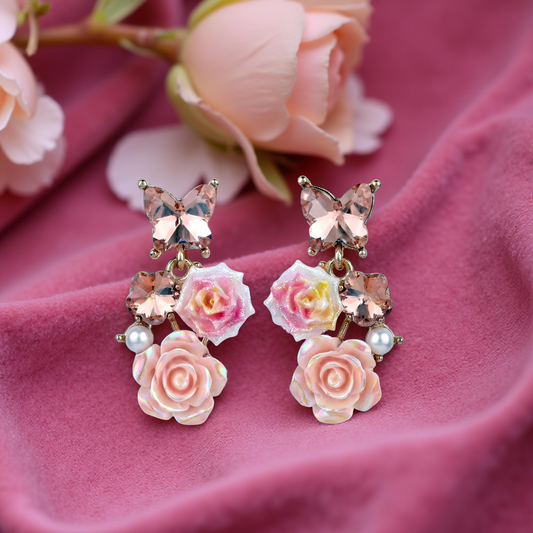 Buy Sjs Designer Butterfly Crystal Earrings with 3D Rose & Pearl – Party Wear Jewellery