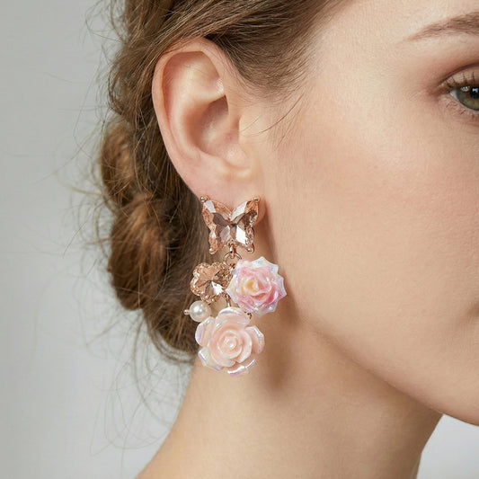 Buy Sjs Designer Butterfly Crystal Earrings with 3D Rose & Pearl – Party Wear Jewellery