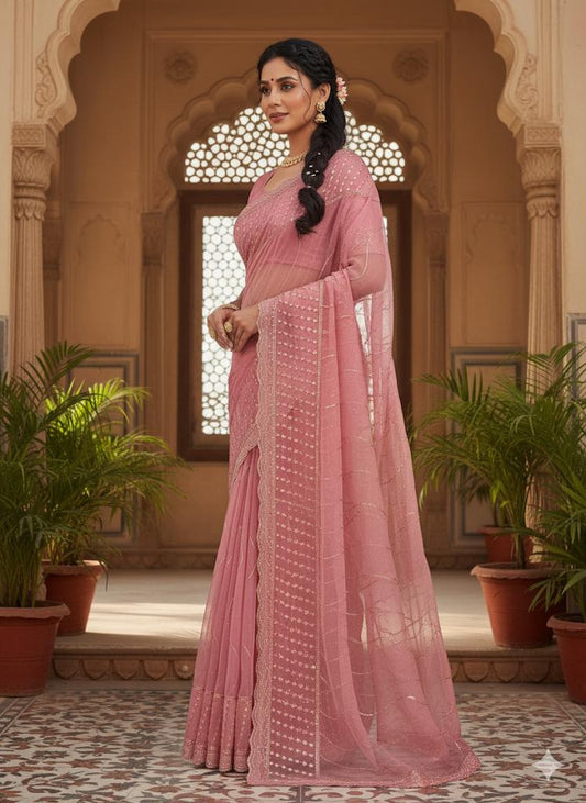 Graceful Dusty Pink Net Saree with Sequins Embroidery