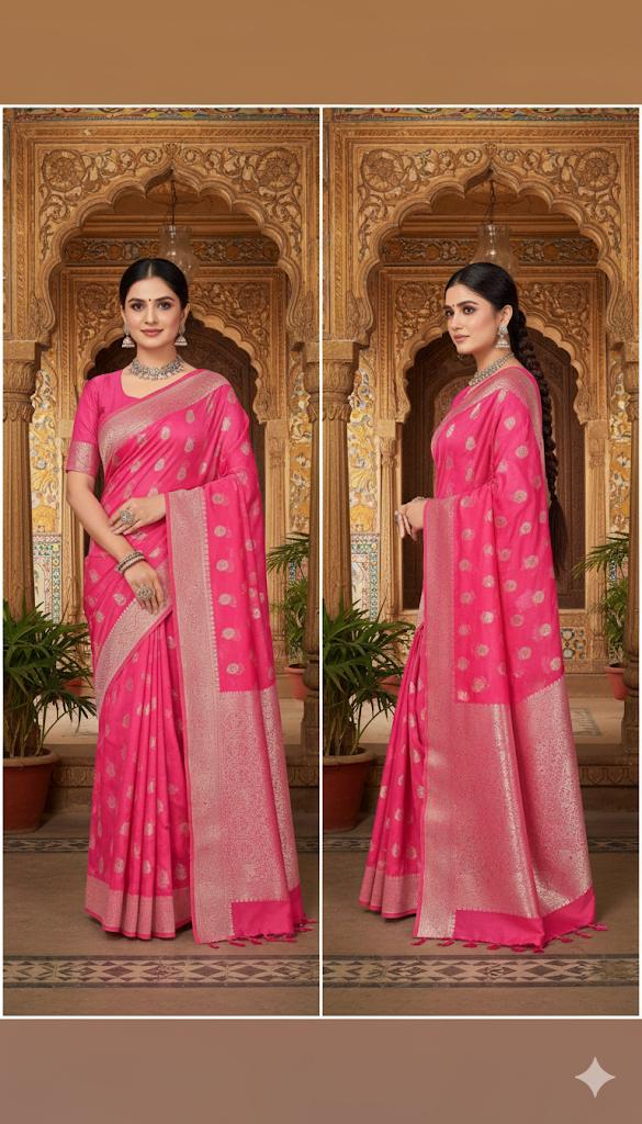Elegant Pink Banarasi Silk Saree with Zari Weaving & Stone Work