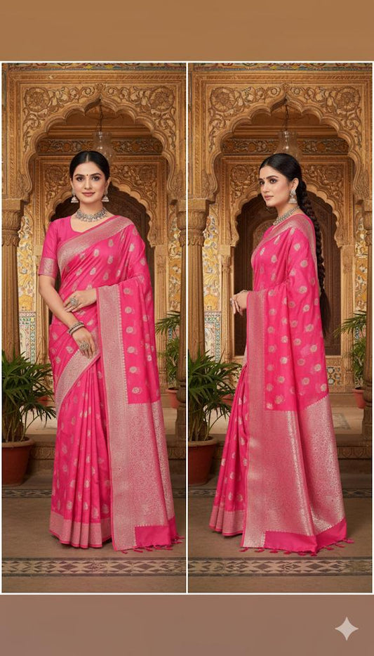 Elegant Pink Banarasi Silk Saree with Zari Weaving & Stone Work