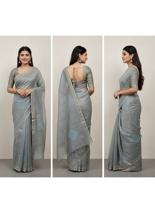 Sophisticated Grey Saree with Teal Blue Accents