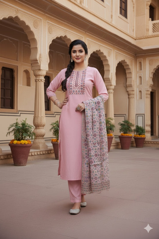Elegant Pink Cotton Suit Set with Printed Dupatta