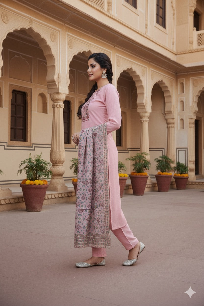 Elegant Pink Cotton Suit Set with Printed Dupatta