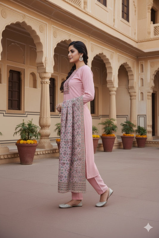 Elegant Pink Cotton Suit Set with Printed Dupatta