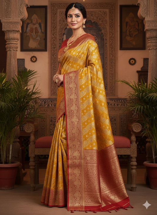 Regal Yellow and Maroon Banarasi Silk Saree with Intricate Gold Weave