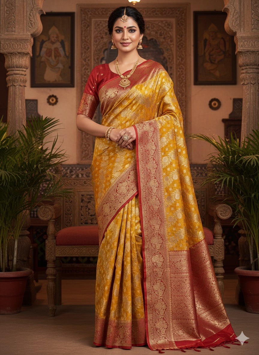 Regal Yellow and Maroon Banarasi Silk Saree with Intricate Gold Weave