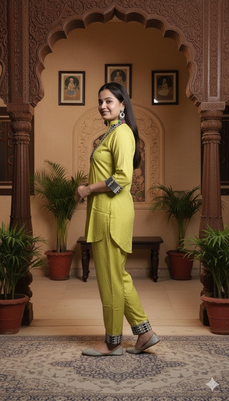 Lime Green Cotton Co-ord Set with Black and White Geometric Embroidery