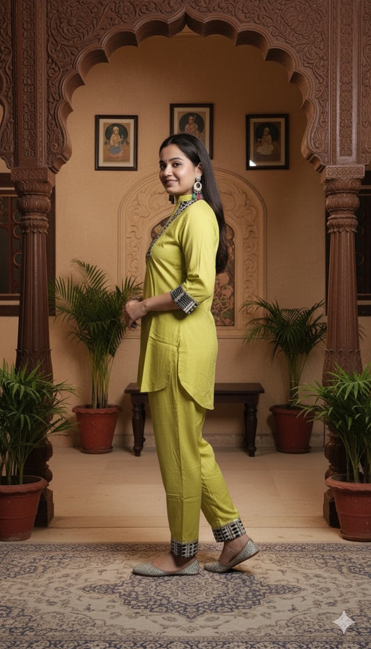 Lime Green Cotton Co-ord Set with Black and White Geometric Embroidery