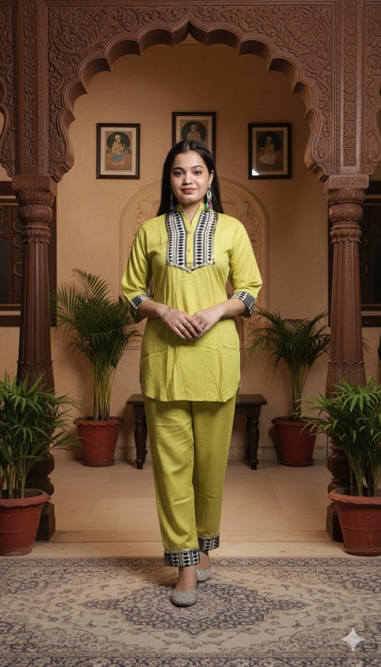 Lime Green Cotton Co-ord Set with Black and White Geometric Embroidery