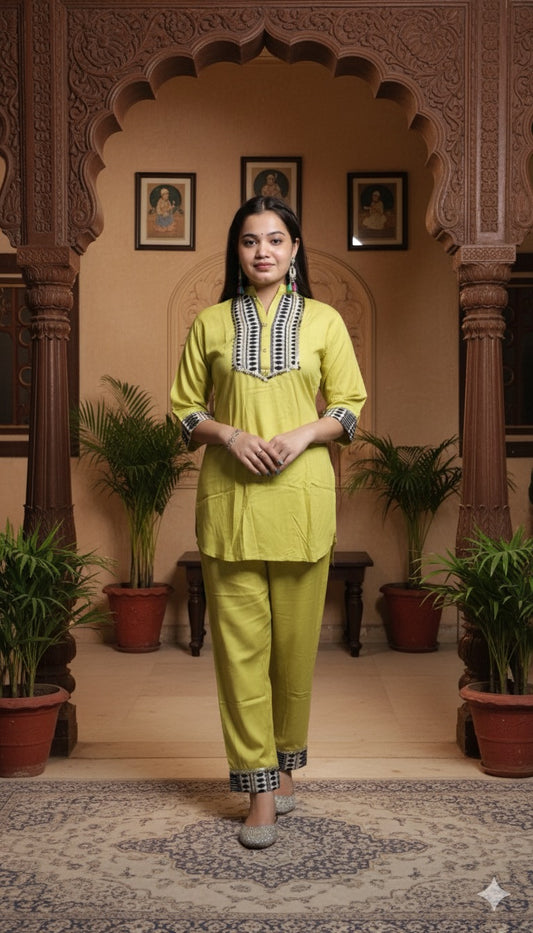 Lime Green Cotton Co-ord Set with Black and White Geometric Embroidery