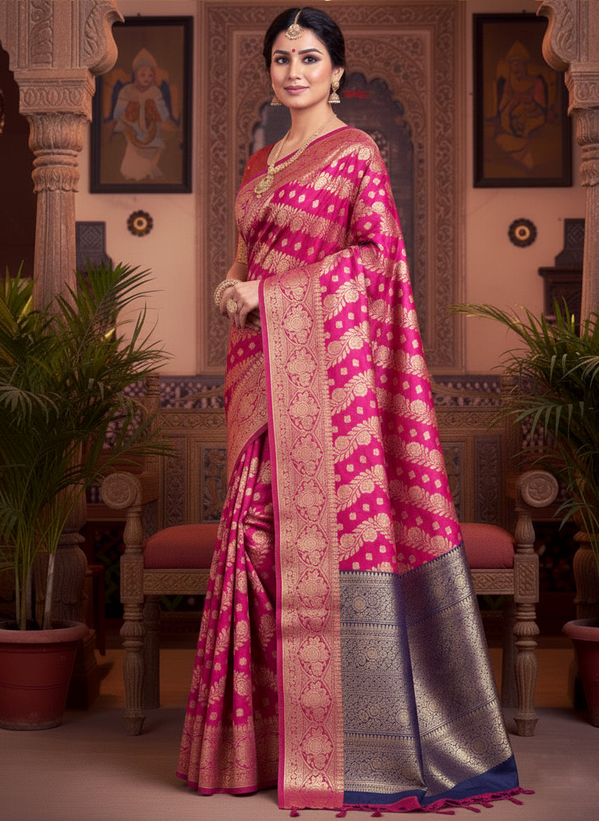 Regal Yellow and Maroon Banarasi Silk Saree with Intricate Gold Weave