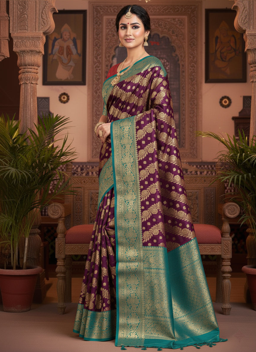 Regal Yellow and Maroon Banarasi Silk Saree with Intricate Gold Weave