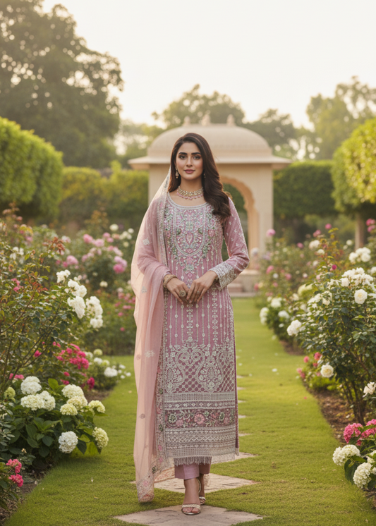 Elevate your ethnic wardrobe with this elegant unstitched suit set in a soft pas