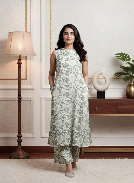 Sage Green Floral Sleeveless Cotton Co-ord Set – Collection by Shree Ji & Sons