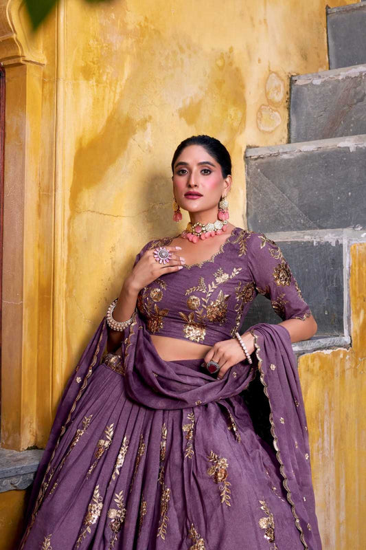 Crush Silk Mauve Golden Embroidered Lehenga – Shree Ji & Sons Royal Heritage Collection”