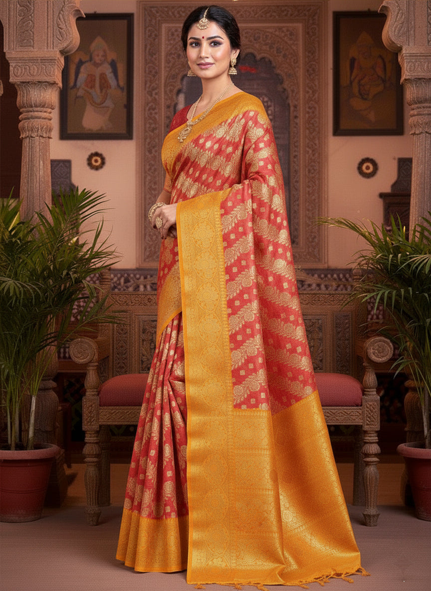 Regal Yellow and Maroon Banarasi Silk Saree with Intricate Gold Weave