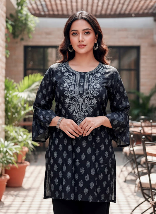 Elegant Black Printed Cotton Kurti with Intricate Embroidery – Festive & Office Wear