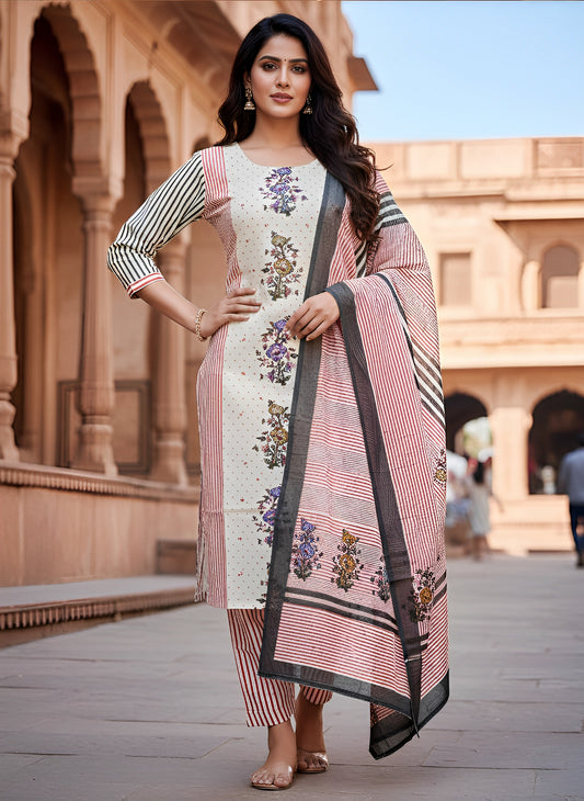 Elegant Cream & Rose Printed Cotton Suit Set with Striped Dupatta