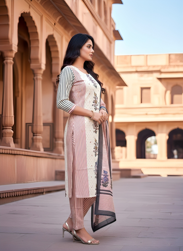 Elegant Cream & Rose Printed Cotton Suit Set with Striped Dupatta