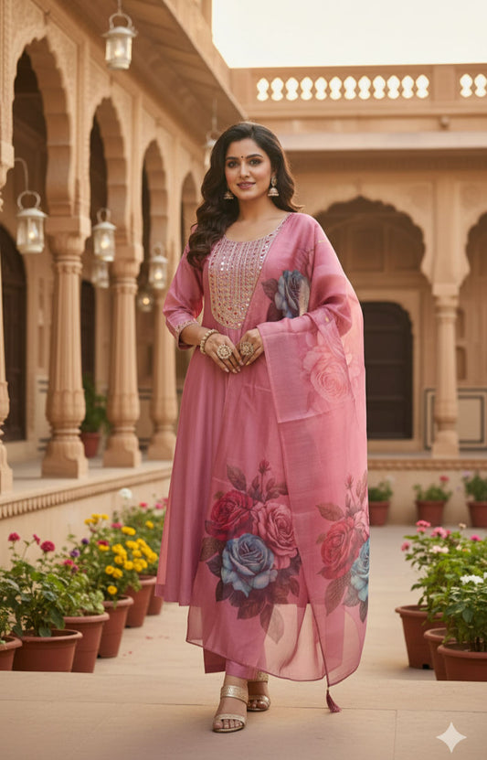 Roman Silk Pink Suit Set with Printed Dupatta & Golden Embroidery – For Women