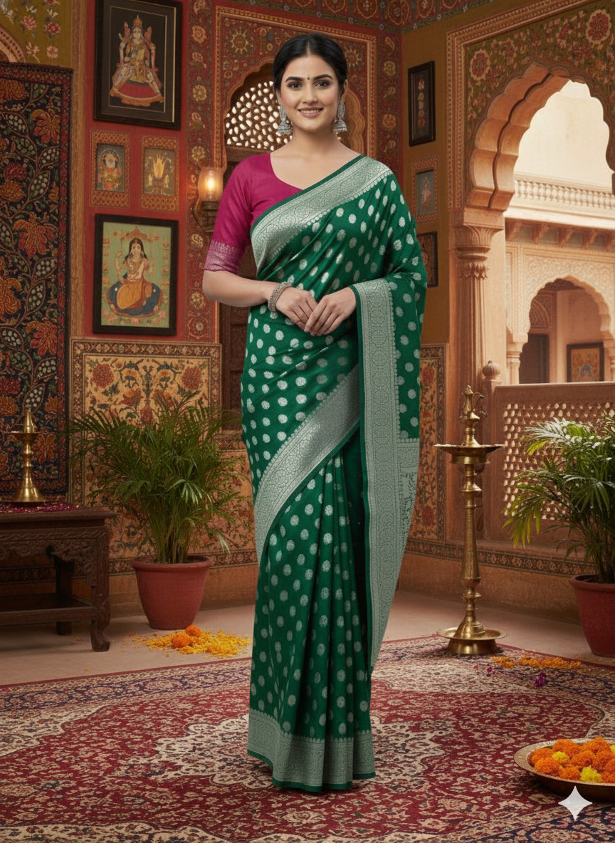 Elegant  Banarasi Silk Saree with Silver Zari Work