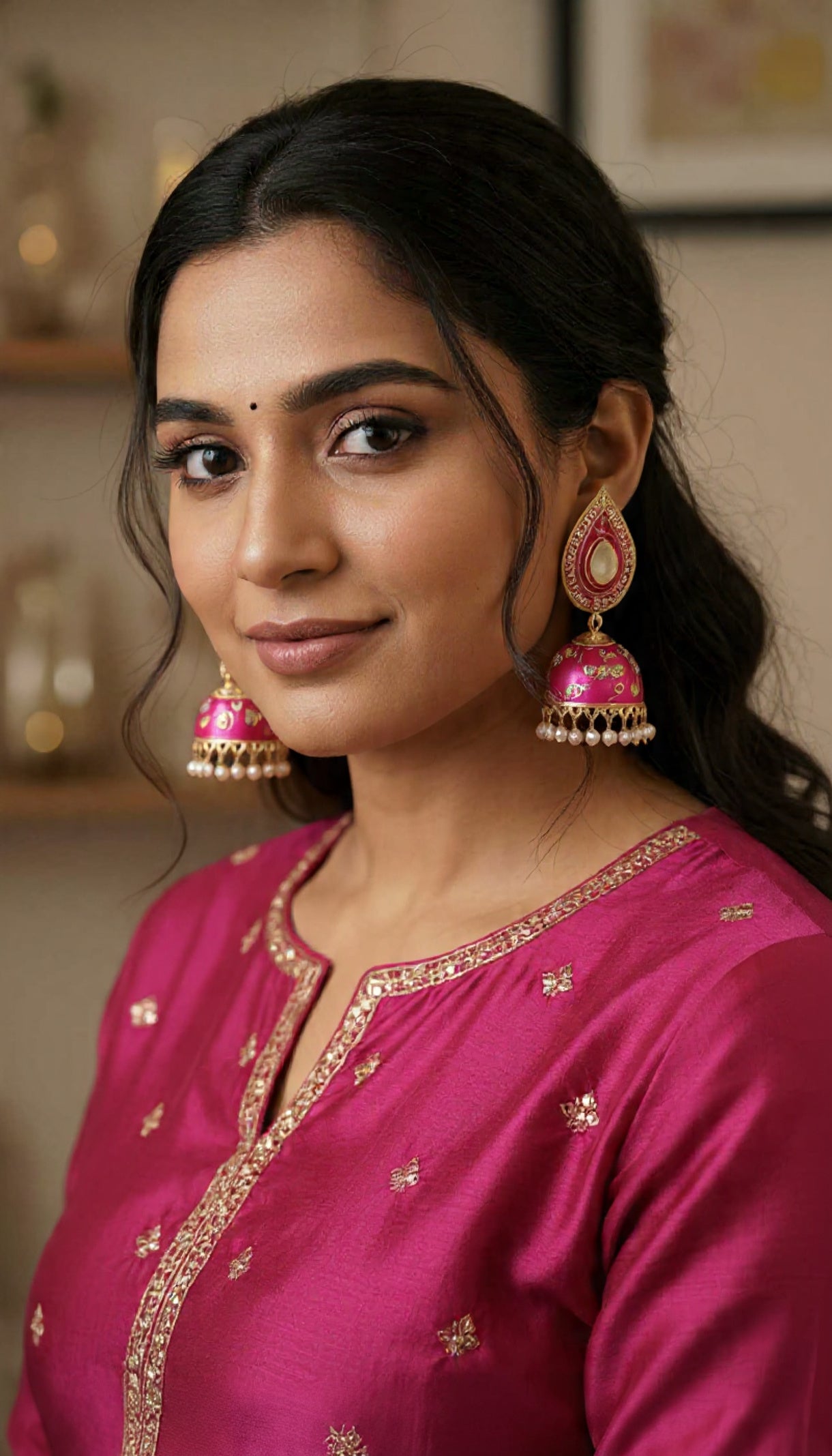 Royal Pink Meenakari Jhumka Earrings with Pearl Drops