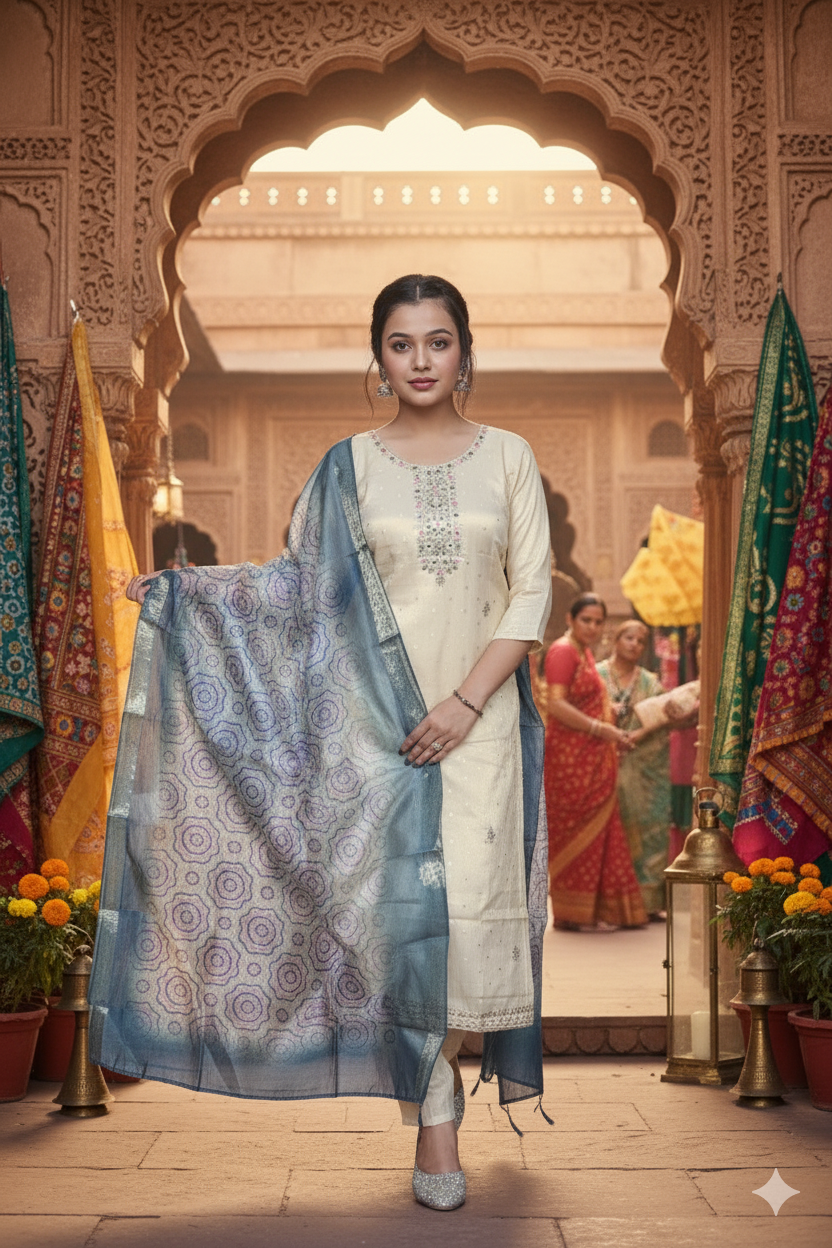 Chanderi Off-White Embroidered Kurti Set with Dupatta For Women