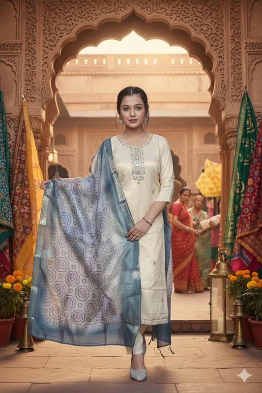 Chanderi Off-White Embroidered Kurti Set with Dupatta For Women