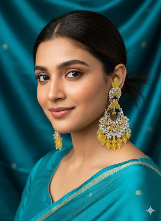 Elegant Statement Yellow & Silver Chandbali Earrings
