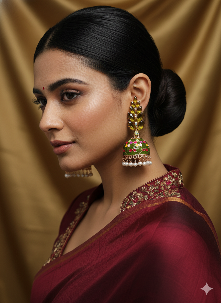 Royal Pink Meenakari Jhumka Earrings with Pearl Drops