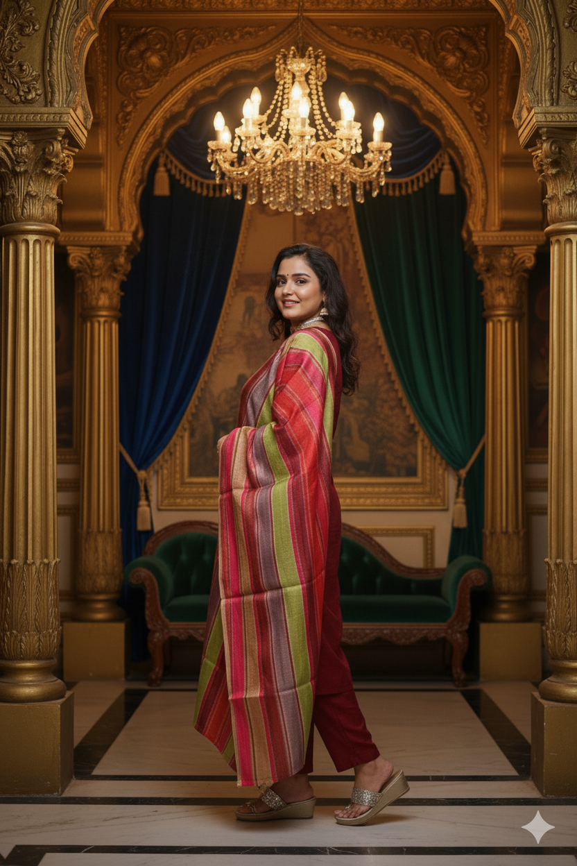 Roman Silk 3-Piece Mehroon Suit Set with Rainbow Dupatta – For Women